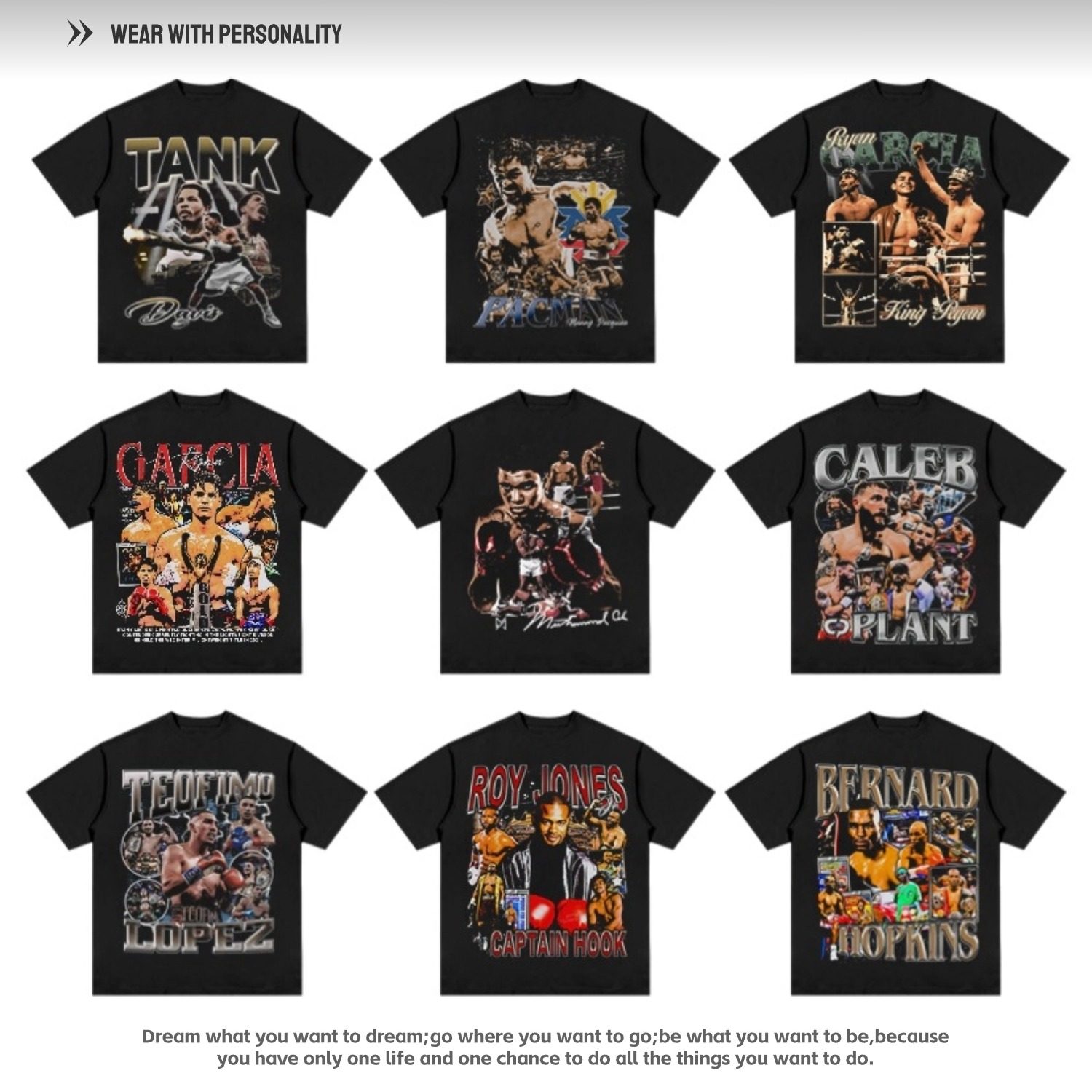 アメリカンスタイルのアリ、パッキャオ、タイソン、デービスのTシャツ、レトロヴィンテージボクシング＆格闘技メンズゆったり半袖トップス