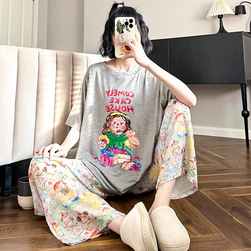 Modal Ice Silk Three-Piece Pajamas Set for Women, Summer Short-Sleeved, Cute, Plus Size for Fat Girls, Loungewear