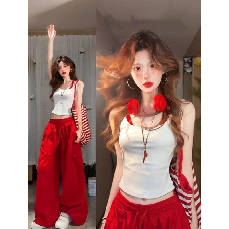 Sleeveless White Camisole and Red High-Waisted Wide-Leg Pants Two-Piece Set for Women, Summer Casual Outfit, Very Stylish Set Sleeveless White Camisole and Red High-Waisted Wide-Leg Pants Two-Piece Set for Women, Summer Casual Outfit, Very Stylish Set