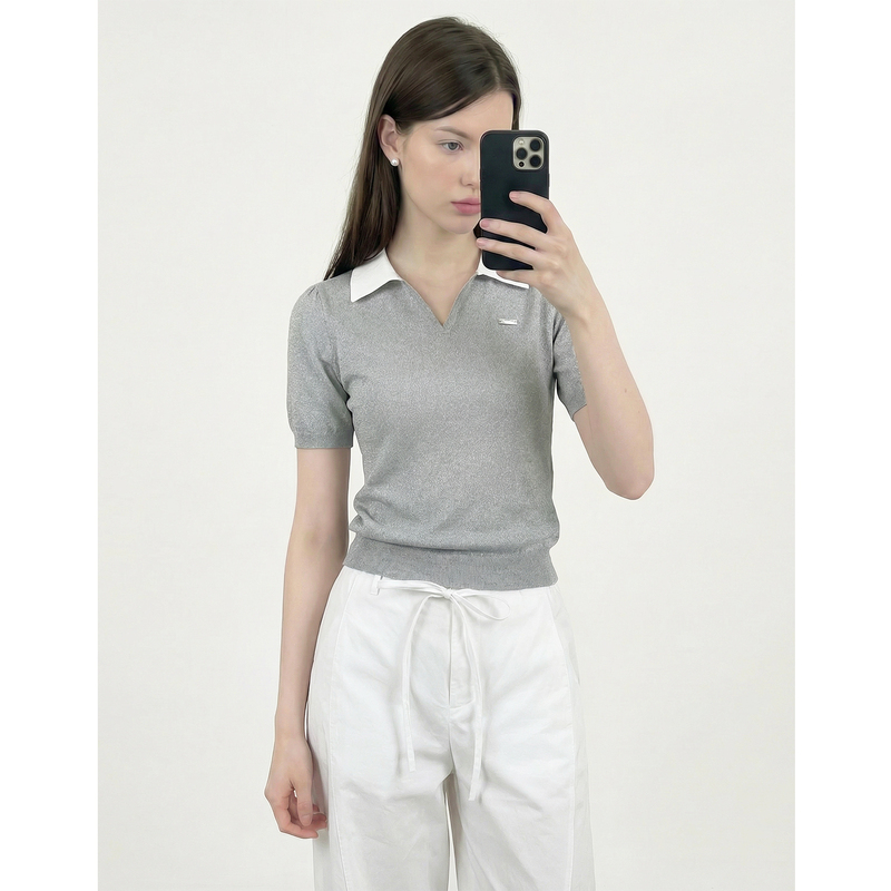 Gu Xiaonian Miu Series Color-Block Polo Collar Gray Knit Short-Sleeve T-Shirt for Women, Summer Elegant Casual Top