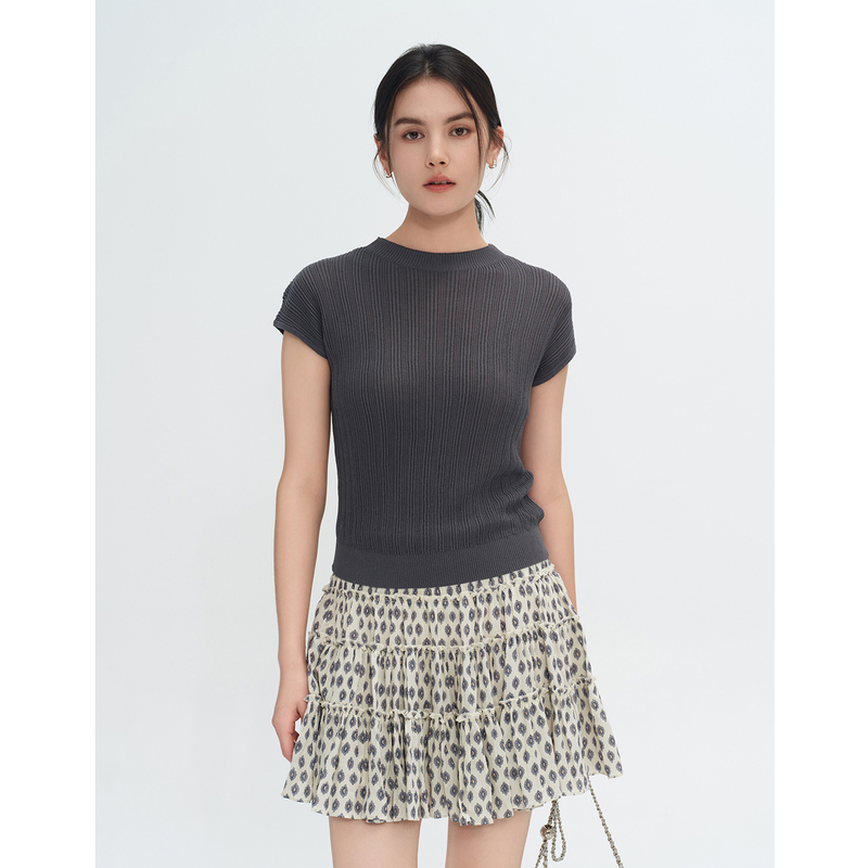 Gu Xiaonian Minimalist Style Dark Gray Ribbed High-Neck Pullover Short-Sleeve Women's Lightweight Knit Slim-Fit Top