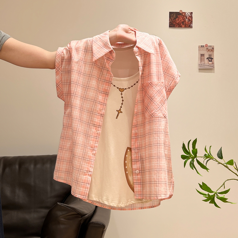 Sweet Polo Collar Buttoned Plaid Short-Sleeved Shirt for Women 2026 Summer Printed Camisole Two-Piece Top Set