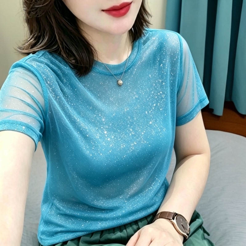Middle-Aged Women's Thin Shiny Mesh Short-Sleeve Plus-Size Loose Top That Covers the Upper Arms, Stylish Lace Round-Neck Elegant Blouse Middle-Aged Women's Thin Shiny Mesh Short-Sleeve Plus-Size Loose Top That Covers the Upper Arms, Stylish Lace Round-Neck Elegant Blouse