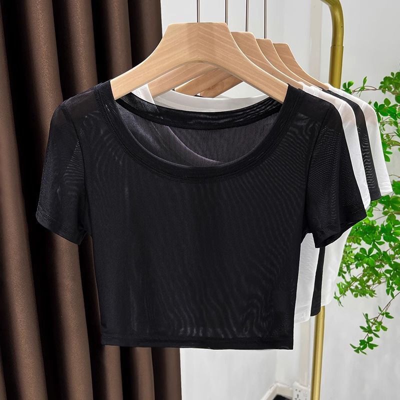 Sheer Mesh Short-Sleeve T-Shirt for Women, White Short Top, Summer Anti-Exposure Slip Dress, Transparent Base Layer Sheer Mesh Short-Sleeve T-Shirt for Women, White Short Top, Summer Anti-Exposure Slip Dress, Transparent Base Layer
