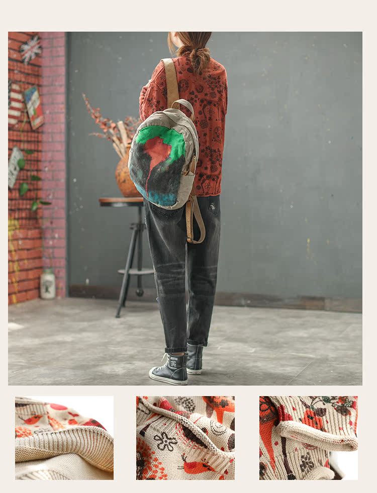 Cami mưa mới retro dệt kim cotton áo sơ mi nữ ngã vai dài tay trước ngắn dài dài áo len cardigan in lỏng mẫu áo len đẹp