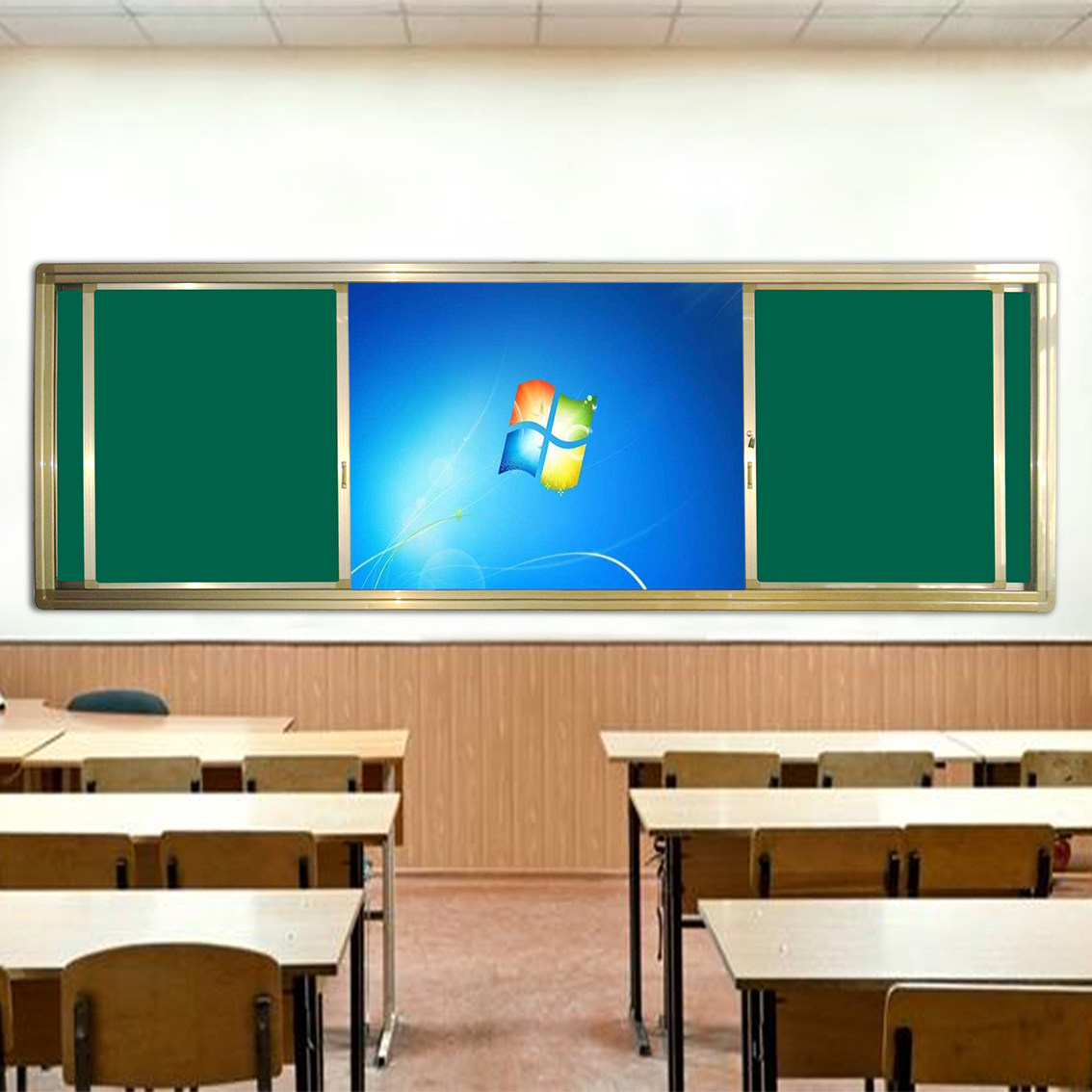 Customized classroom magnetic teaching push and pull combination blackboard can be fitted with one-machine TV projection multimedia whiteboard green board