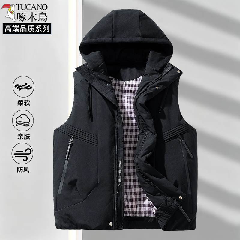 Woodpecker down Cotton Vest for Men and Women, Autumn and Winter, Hooded, Loose, Warm, Windproof, Sleeveless Vest with Detachable Hood Jacket
