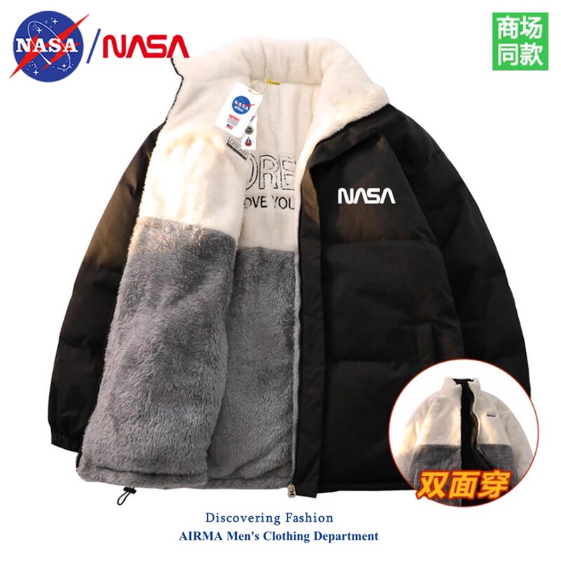 Nasa's New Winter Lamb Wool down Cotton Jacket for Men, Reversible, Thickened, Warm, Stand-Up Collar Cotton Coat, Couple's Jacket