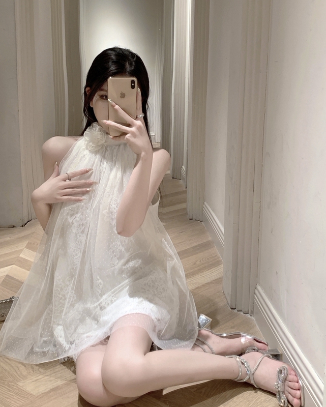 Super Fairy-Like Camellia Elegant Sleeveless Off-Shoulder Loose A-Line Lace Halter Dress Showing Tenderness Short Skirt