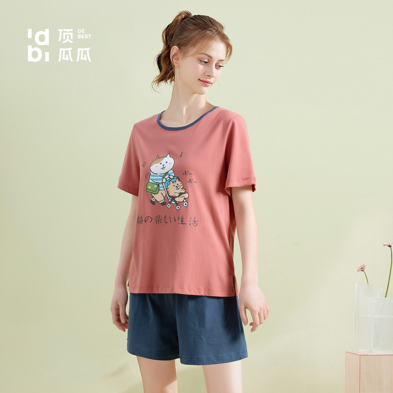 Top Melon Melon Summer Pure Cotton Short Sleeve Cute Printed Pyjamas Pants Cover Group Top Pip Women Full Cotton Comfort Round Collar Home Clothing