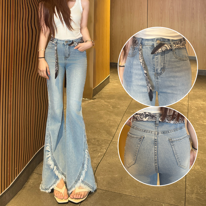 Trendy Patchwork Cross-Flare Jeans for Women, Spring/Summer Thin Style, 2026 New Model, Loose High-End Hot Girl Floor-Length Pants