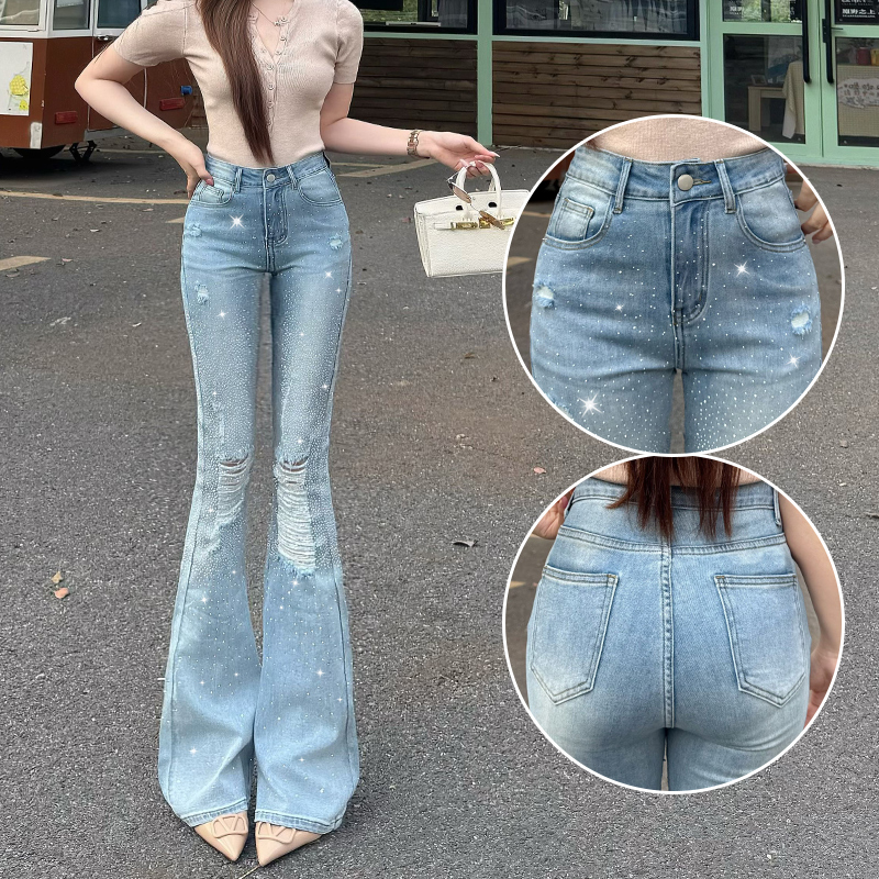 Ripped Flared Jeans for Women, Spring/Summer 2026 New Style, Light Blue, Slimming, Goddess Design, Floor-Length Pants