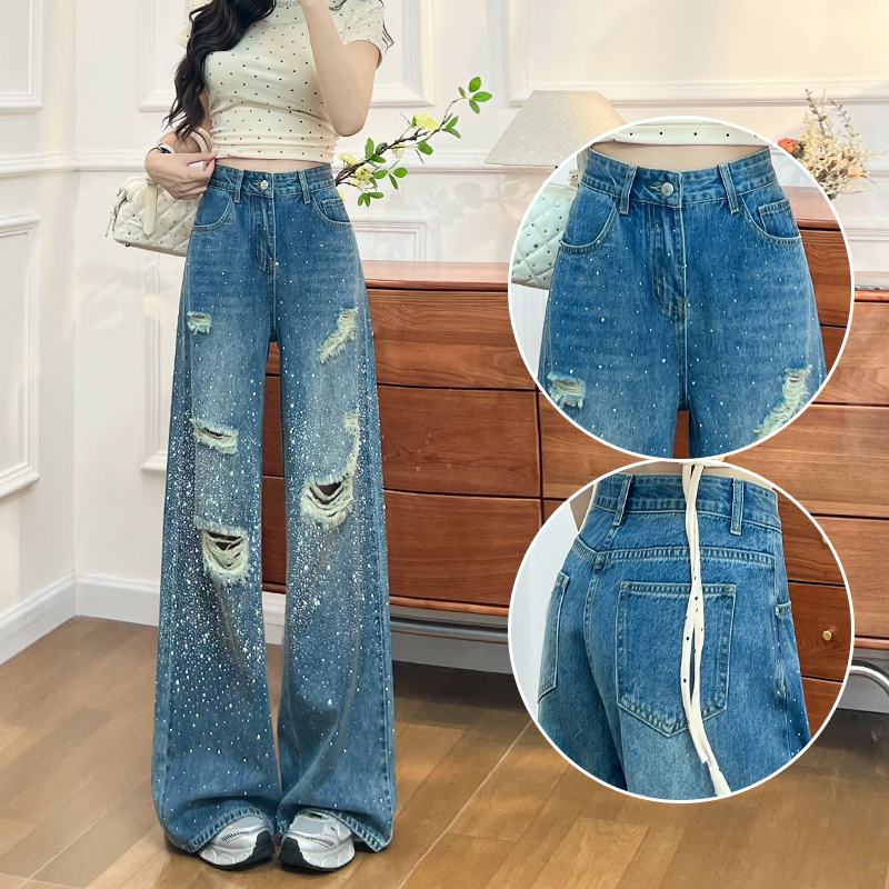 Ripped and Embellished Wide-Leg Jeans for Women, Spring and Autumn 2026 New Style, Loose Fit, Stylish and Slimming Straight-Leg Pants