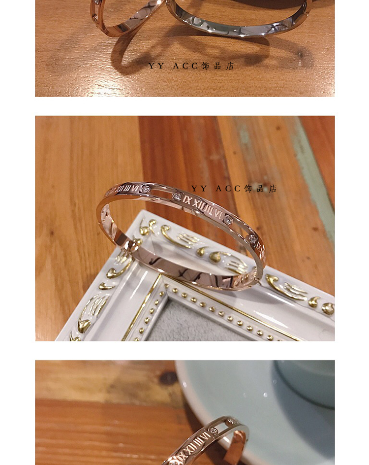 Hipster Hàn Quốc được thiết kế bằng kim cương rỗng Chữ số La Mã bằng thép titan Vàng hồng 18K không phai không phai màu vòng tay phụ nữ vòng gỗ trầm hương