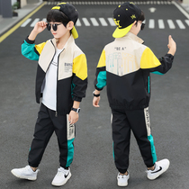 Boys sports suits 2022 autumn new middle-aged childrens trend contrast color stitching cardigan jacket two-piece foreign style