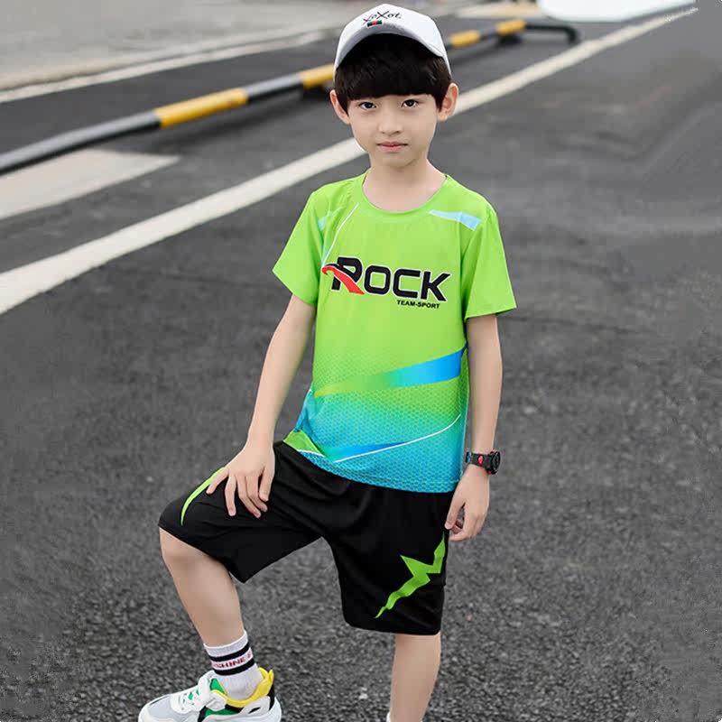 Medium and large boys summer short-sleeved suit jersey sports shorts two-piece set 2022 new trend boy quick-drying clothes