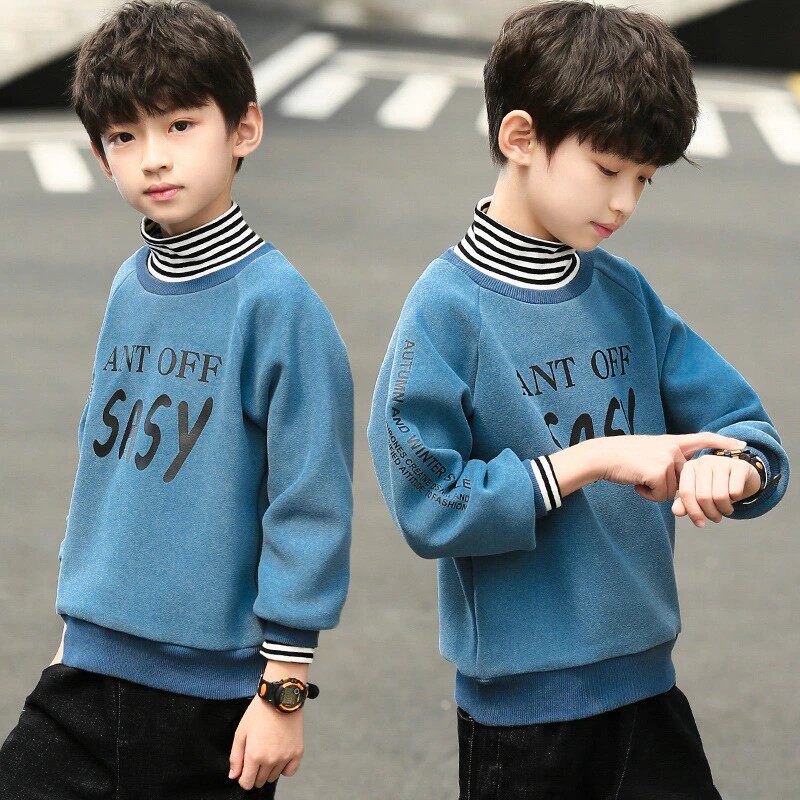 Boys' half-high collar plus fleece sweater 2021 winter new middle and big children's long-sleeved T-shirt thickened warm children's tops
