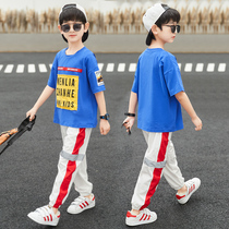 Boys short-sleeved suit 2022 summer trend in big childrens baby childrens clothing foreign letters childrens trousers two-piece set