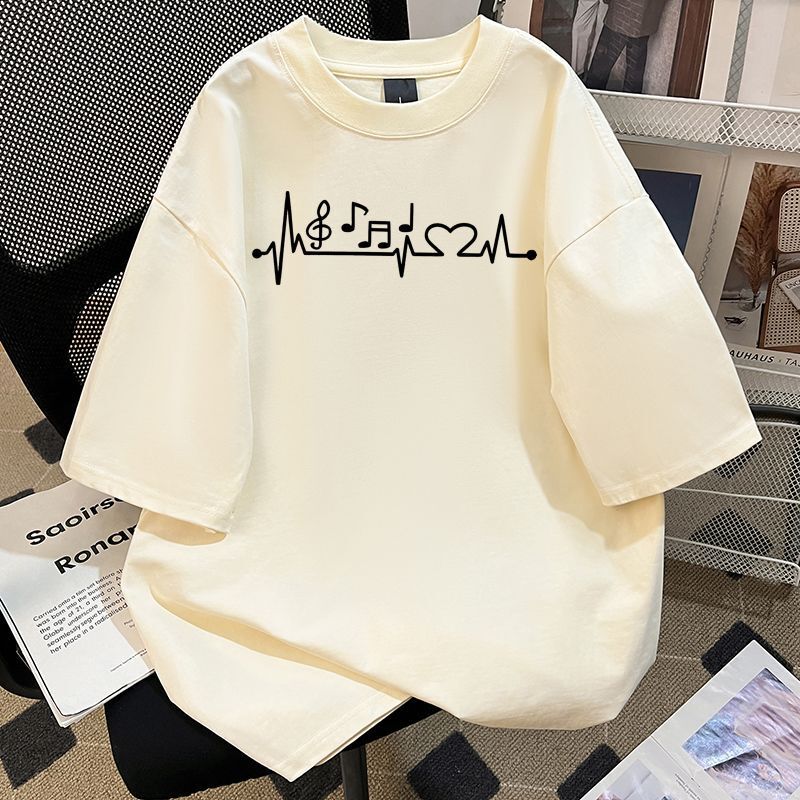 Japanese-Style Love and Music Heartbeat Line Print 100% Pure Cotton Short-Sleeve T-Shirt Unisex Summer Trendy Casual Top