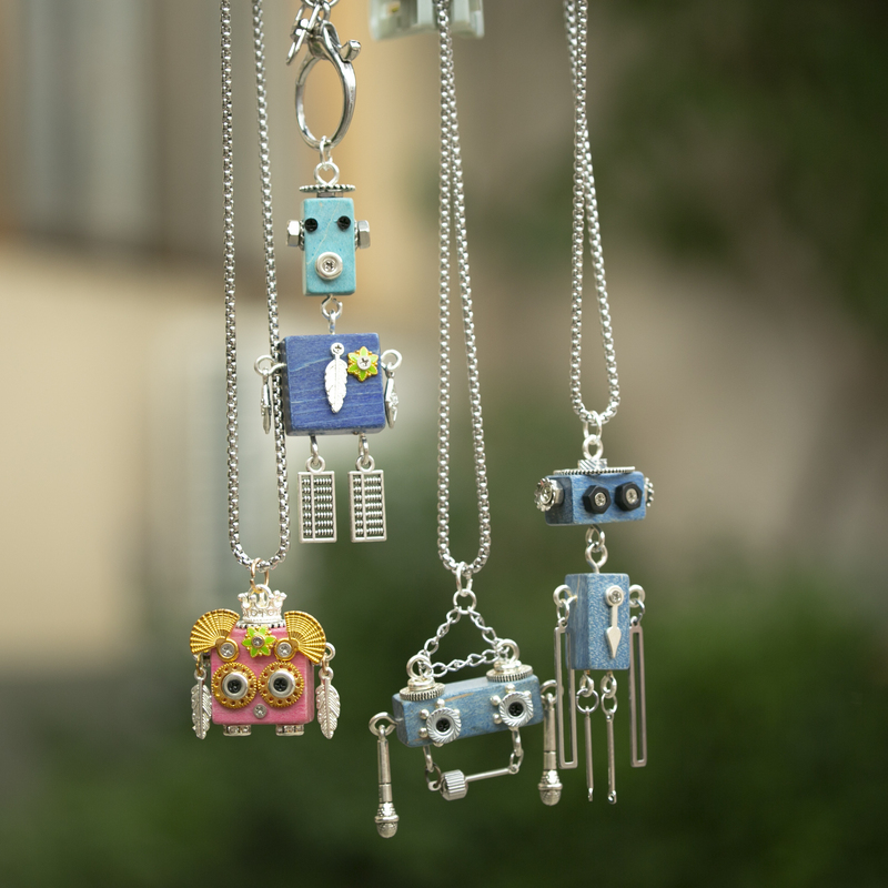 Handmade Robot Necklace, Unique and Quirky Sweater Chain, Small Pendant Handmade Robot Necklace, Unique and Quirky Sweater Chain, Small Pendant