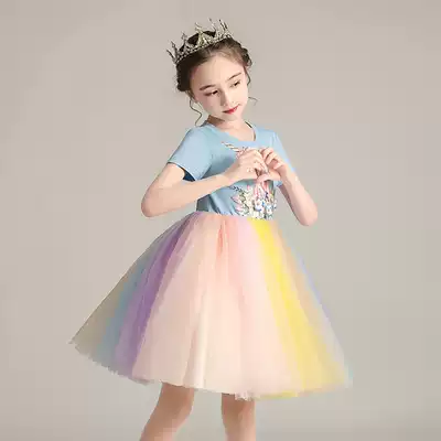 European and American style girl dress Summer little fairy rainbow mesh Children's clothing Unicorn Western style children's princess skirt