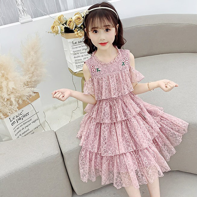 Girl's Summer Dress Foreign Dress 2022 New Foreign Pie Children Cake Dress CUHK Tong Han's Version Lace Short Sleeve Princess Dress