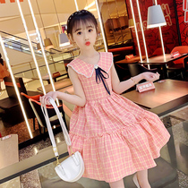 Girl Summer Clothing Dress Dress 2022 New Ocean Gas Children Bursting Vest Skirt Butterfly Knot Lady Plaid Princess Dress