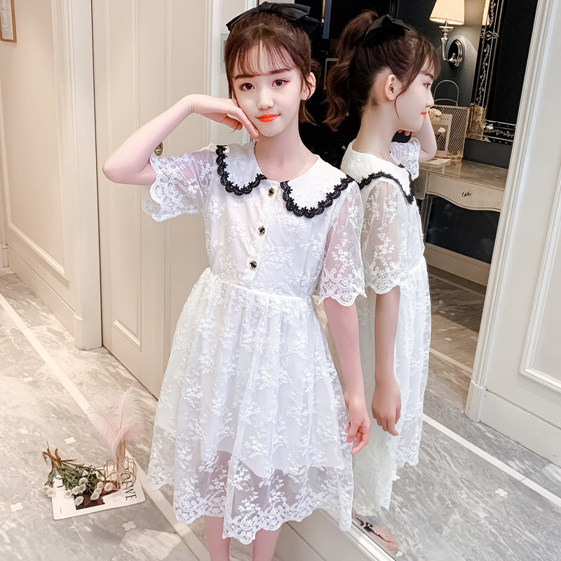 Girl White Dress Summer Han Edition 2022 New Children's Short Skirt Yang Girl Lace Princess Dress