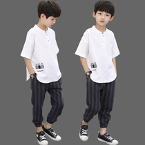 Hong Kong childrens clothing Boys summer suit 2021 new summer cotton and hemp middle school boys short-sleeved two-piece set tide