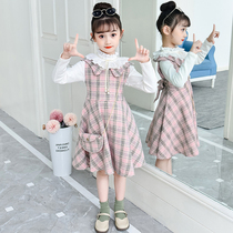 Hong Kong Girls Dress Spring Autumn New 2021 Han Edition Foreign Air Trendy Childrens Dress Mid-Red Childrens Dress
