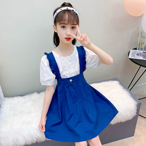 Girls dress for dress Summer 2022 new foreign air children a dress girl fashion short sleeve harness dress Two sets