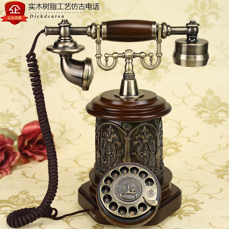 Eurostyle Antique Creative Phone Retro Solid Wood Craft Old Fashioned Rotary Dial Wired Home Office Phone Holder