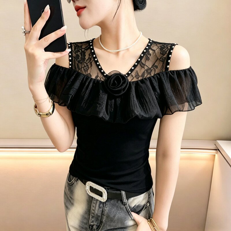 Lace Patchwork Rhinestone V-Neck T-Shirt for Women, Short-Sleeved Summer Top, European Style, High-End Ruffled Blouse, Sexy Off-Shoulder Top Lace Patchwork Rhinestone V-Neck T-Shirt for Women, Short-Sleeved Summer Top, European Style, High-End Ruffled Blouse, Sexy Off-Shoulder Top