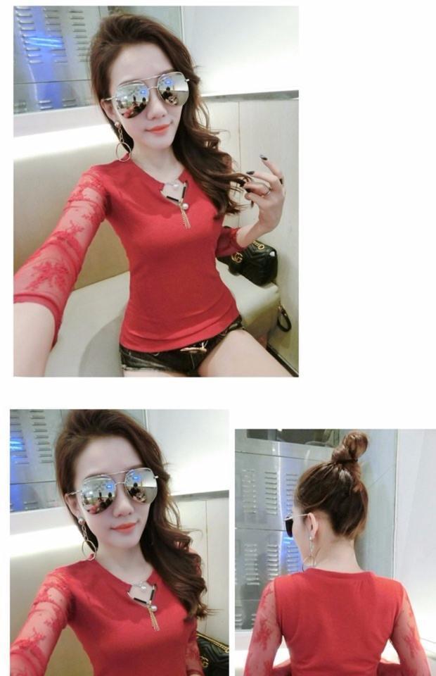 Đầm ren nữ tay dài xuân hè 2018 mới thời trang áo thun cổ chữ V gợi cảm Slim mỏng hoang dã áo thun thủy triều áo thun dài tay nữ
