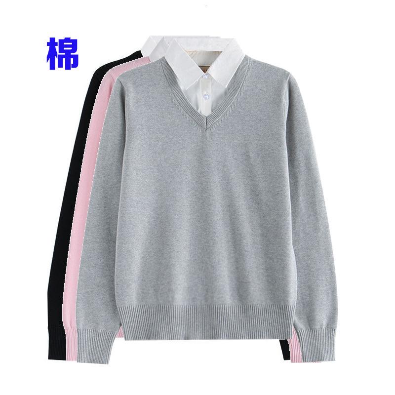 Pure Cotton Sweater Women's Shirt Collar Fake Two-Piece Knitted Top All-Cotton Loose Large Size Autumn and Winter Base Layer V-Neck Pullover
