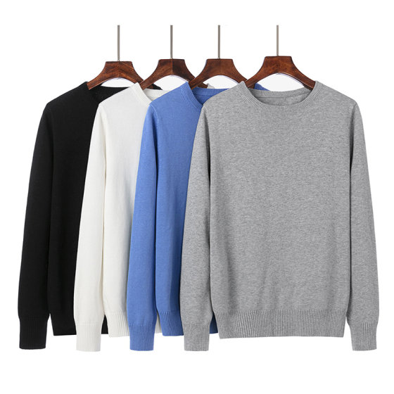 纯棉线针织衫女圆领长袖重工加厚100%棉打底全棉线衫宽松套头毛衣