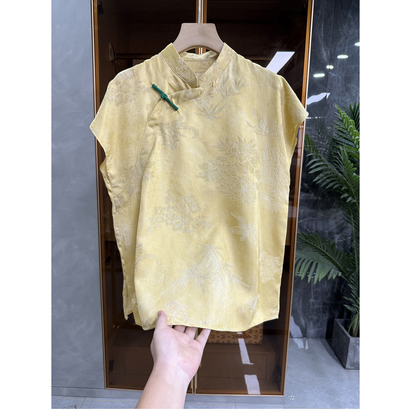 Chinese Style! Silk Jacquard Crown Crepe Stand-Up Collar Buttoned Flying Sleeve Top for Women 16162~Me