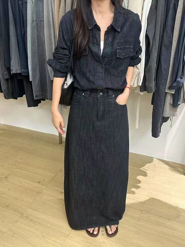 Mos2026 New Autumn Fashion Retro Long-Sleeved Shirt Top + High-Waisted Denim Skirt Two-Piece Suit for Women Mos2026 New Autumn Fashion Retro Long-Sleeved Shirt Top + High-Waisted Denim Skirt Two-Piece Suit for Women