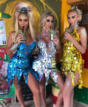 Colorful fish scales large sequins hollowed out one-piece dress nightclub fantasy performance clothes bar DS female singer Fish scales short dress