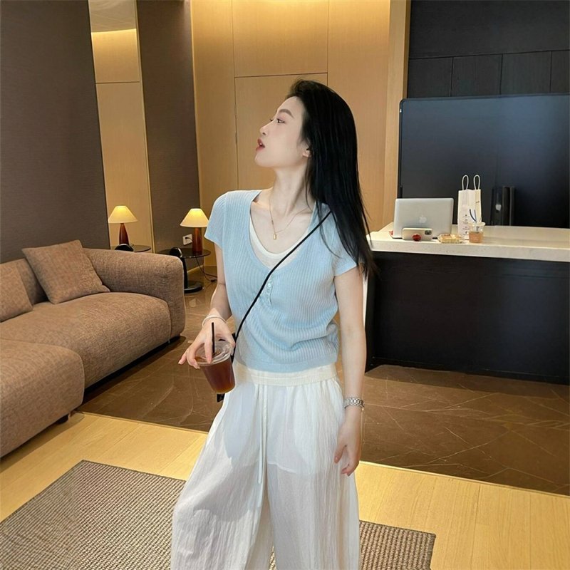 Designed Two-In-One Blue Ice Silk Short-Sleeve Knit T-Shirt for Women, Summer Thin Style, Age-Reducing Dopamine Short Top