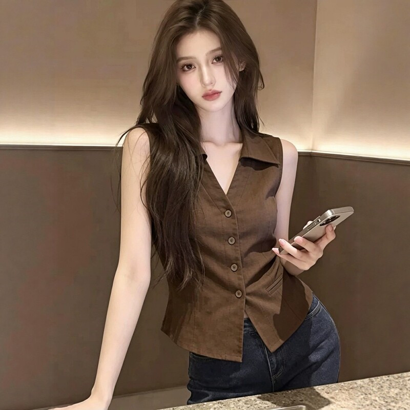 Old Money Style Polo Collar Sleeveless Shirt for Women, Summer French High-End Waist-Cinching Blazer Vest Top Old Money Style Polo Collar Sleeveless Shirt for Women, Summer French High-End Waist-Cinching Blazer Vest Top