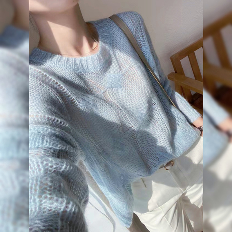 Blue Hollow-Out Thin Mohair Knit Sweater for Women, Spring Season, Lazy and Relaxed Style, Soft and Fluffy Cable Knit Sweater, Inner Layer Top