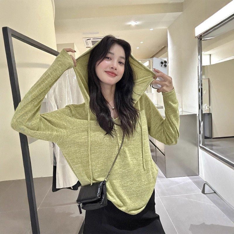 Lazy and Relaxed Green Hooded Long-Sleeved T-Shirt for Women, Spring Thin Casual Knitted Sweatshirt, Loose and Slimming Top