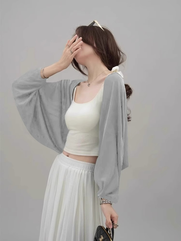 Gray Elegant Ice Silk Sun-Protective Knitted Cardigan for Women, Summer French-Style Camisole Outerwear, Batwing Sleeve Sheer Shawl