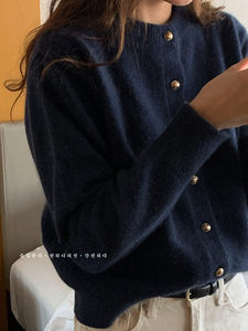 Raccoon Fur-Like Round-Neck Knitted Cardigan for Women, Autumn and Winter, Black, Lazy, Loose, Soft and Cozy, Inner Sweater, Gentle Top