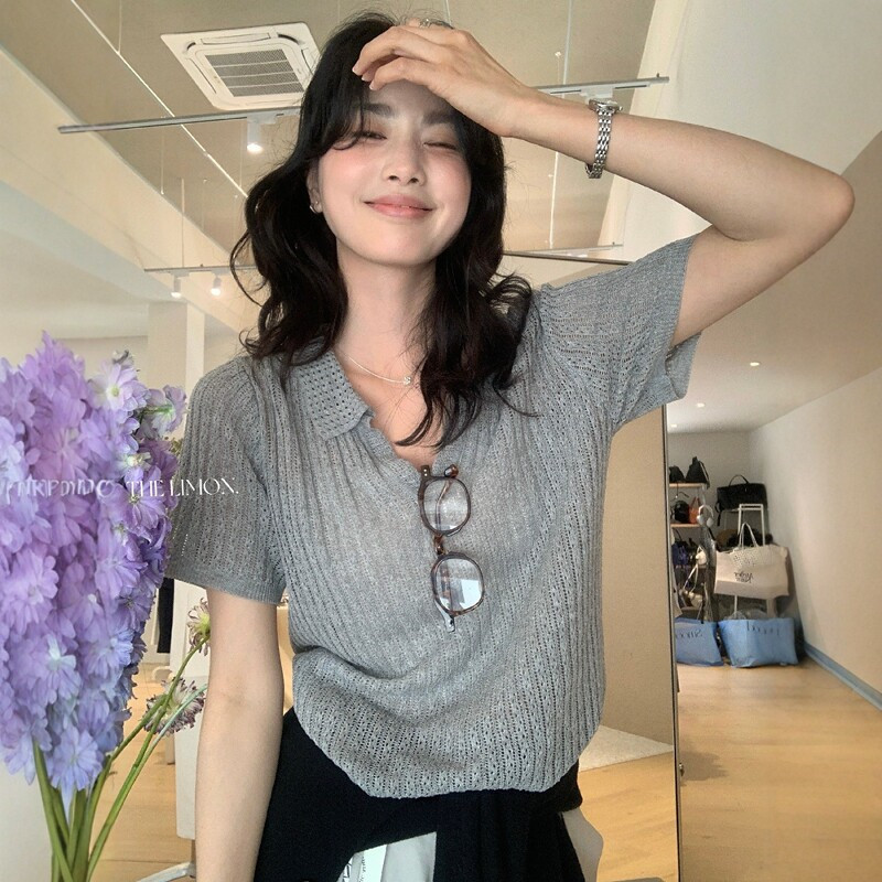 Old Money Style Gray Hollow-Out Polo Collar Ice Silk Knit Short-Sleeve T-Shirt for Women, Summer High-End Feel, Turn-Down Collar, Regular Shoulder Top