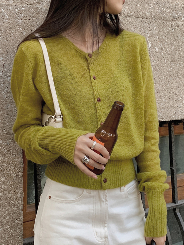 Spring New Korean Style Mustard Green Waist-Cinching Knitted Cardigan for Women, Short Mohair Sweater, Thin Top for Petite Figures