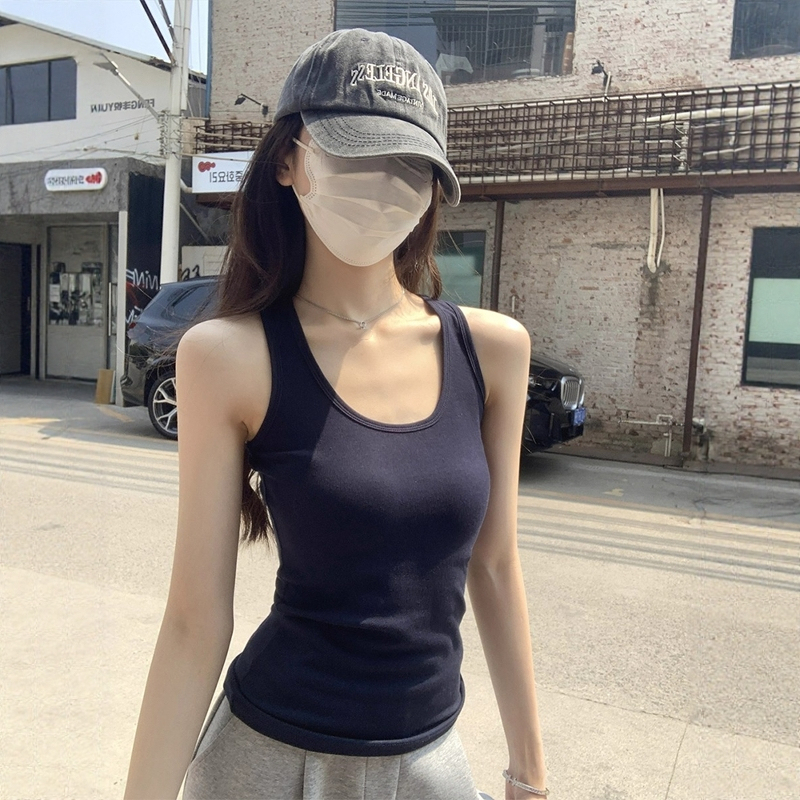 Navy Blue Slim-Fit U-Neck Camisole for Women, Summer Thin Outerwear, Sleeveless Top That Covers Side Breasts, Suitable for Layering