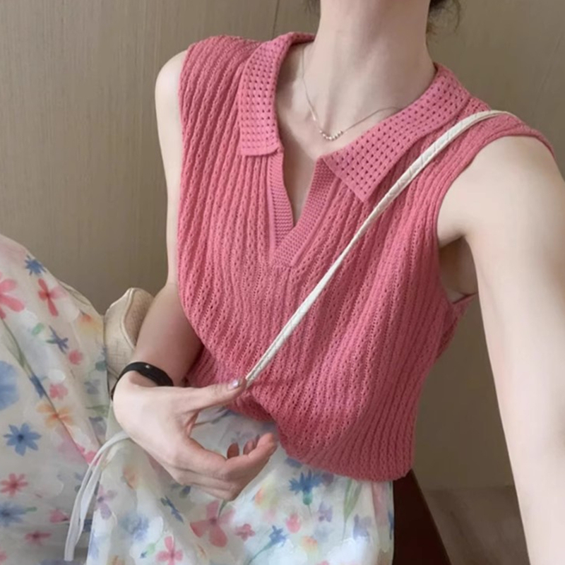 Rose Pink Ice Silk Knitted Hollow V-Neck Vest for Women, Summer French Style Sleeveless Polo Shirt T-Shirt Top