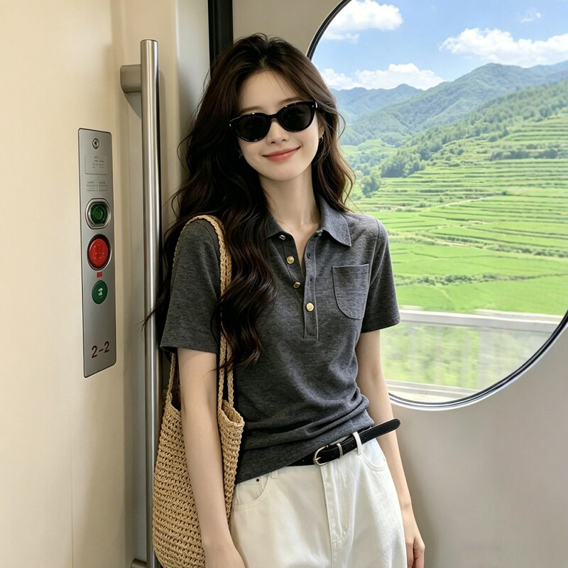 Gray Polo Collar Ice Silk Knit Short-Sleeve T-Shirt for Women, Summer Old Money Style, Elegant and Sophisticated, Regular Shoulder, Light Top